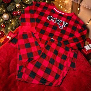 Cozy Red Buffalo Plaid Pajama Set Women's Long Sleeve Top & Pants Sleepwear 2X